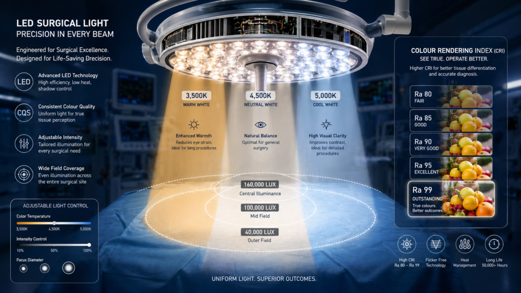 Led Surgical Light Showing Lux Output, Cri Rating, And Adjustable Color Temperature Settings For Operating Room Use